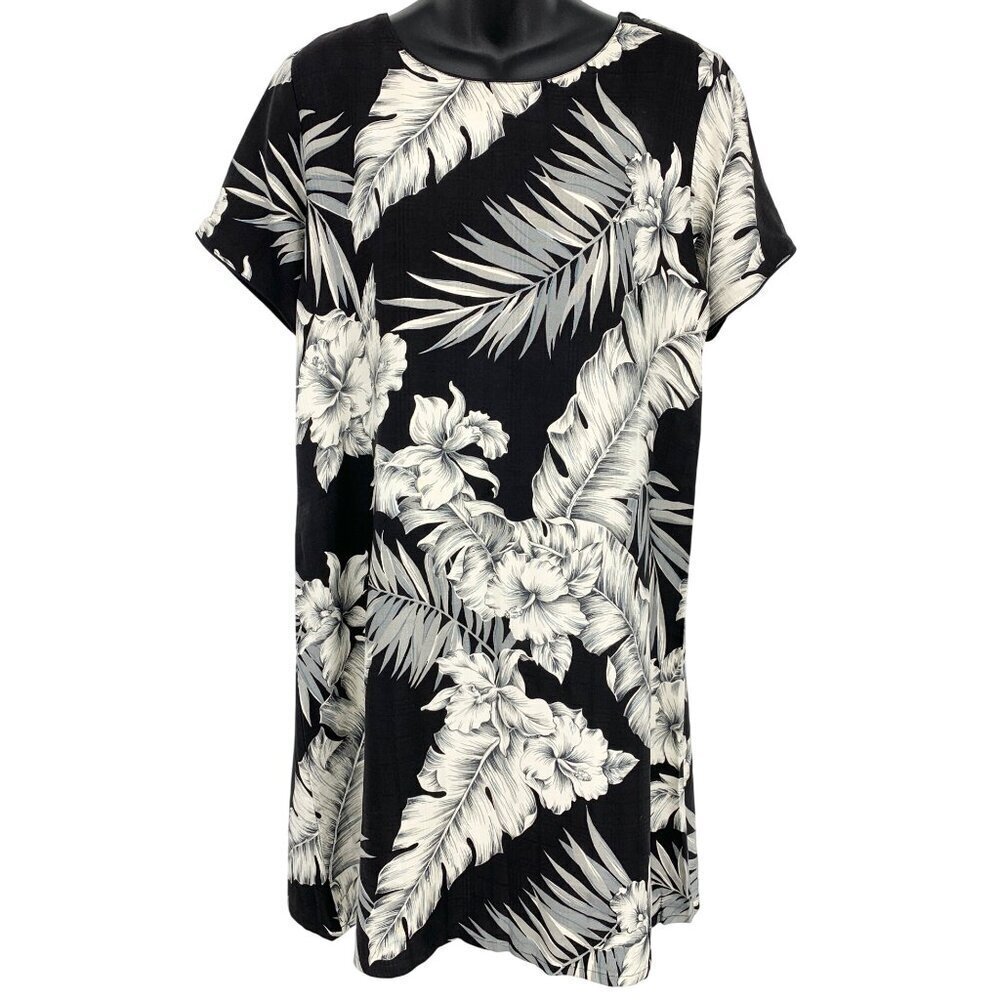 Island Attitudes Women Aloha Hawaiian Shift Dress Medium M Black Silk EUC